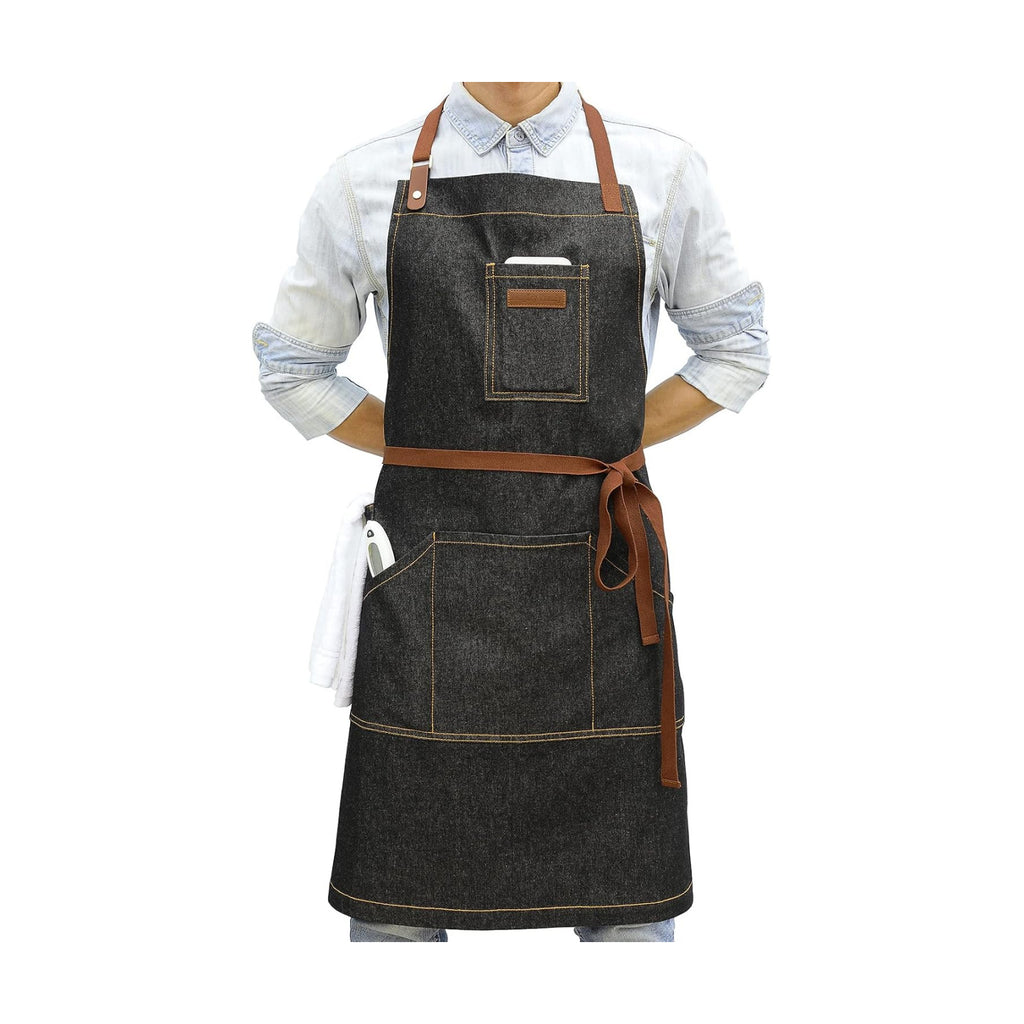 Black Kitchen Apron with Pockets & Towel Loop for Men Women, Denim | Professional for Chef Cooking BBQ Grill Gardening