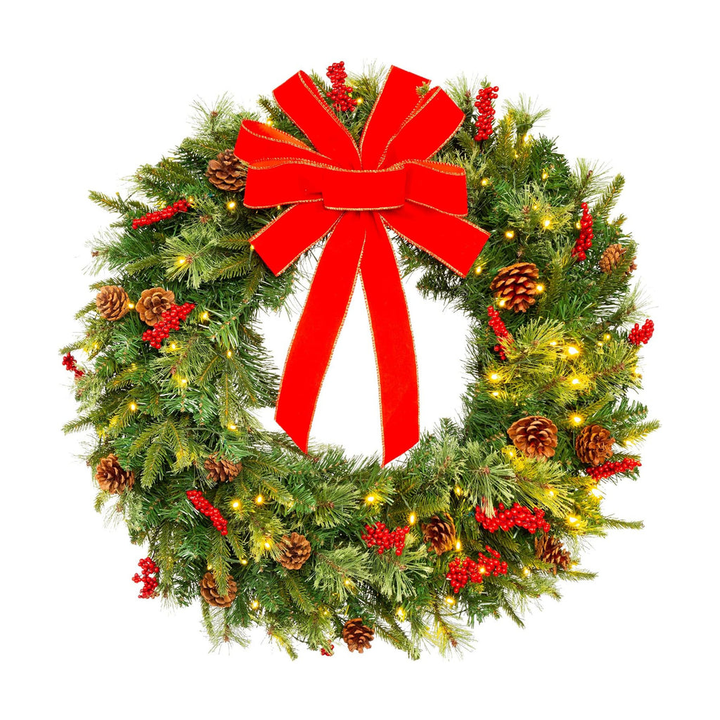 Best Choice Products 30in Pre-Lit Battery Powered Christmas Wreath Artificial Pre-Decorated Holiday Accent w/ 100 Lights, 276 PVC Tips, Ribbons, Pine Cones