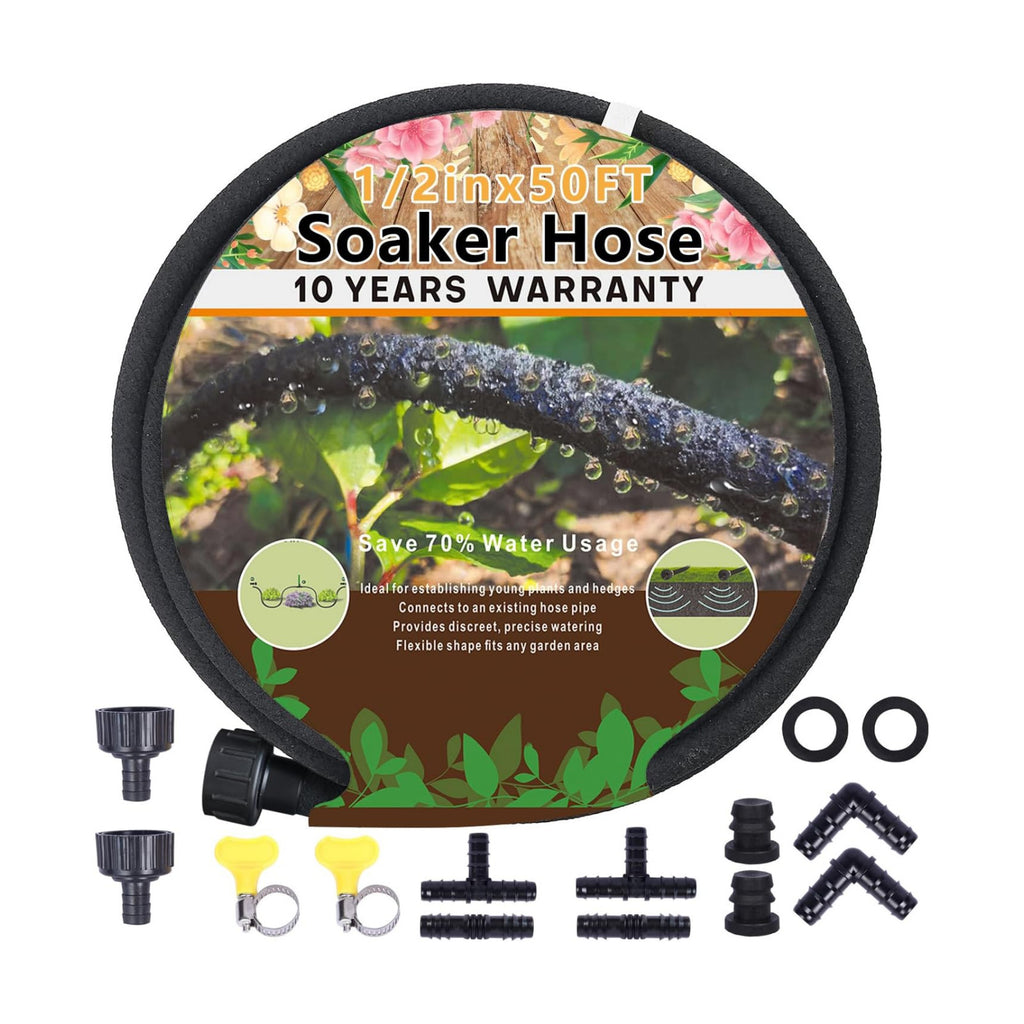 1/2’’ Soaker Hose 50 ft for Garden Beds, Heavy Duty Soaker Hoses with Kits for Water Saving, Rubber Garden Watering