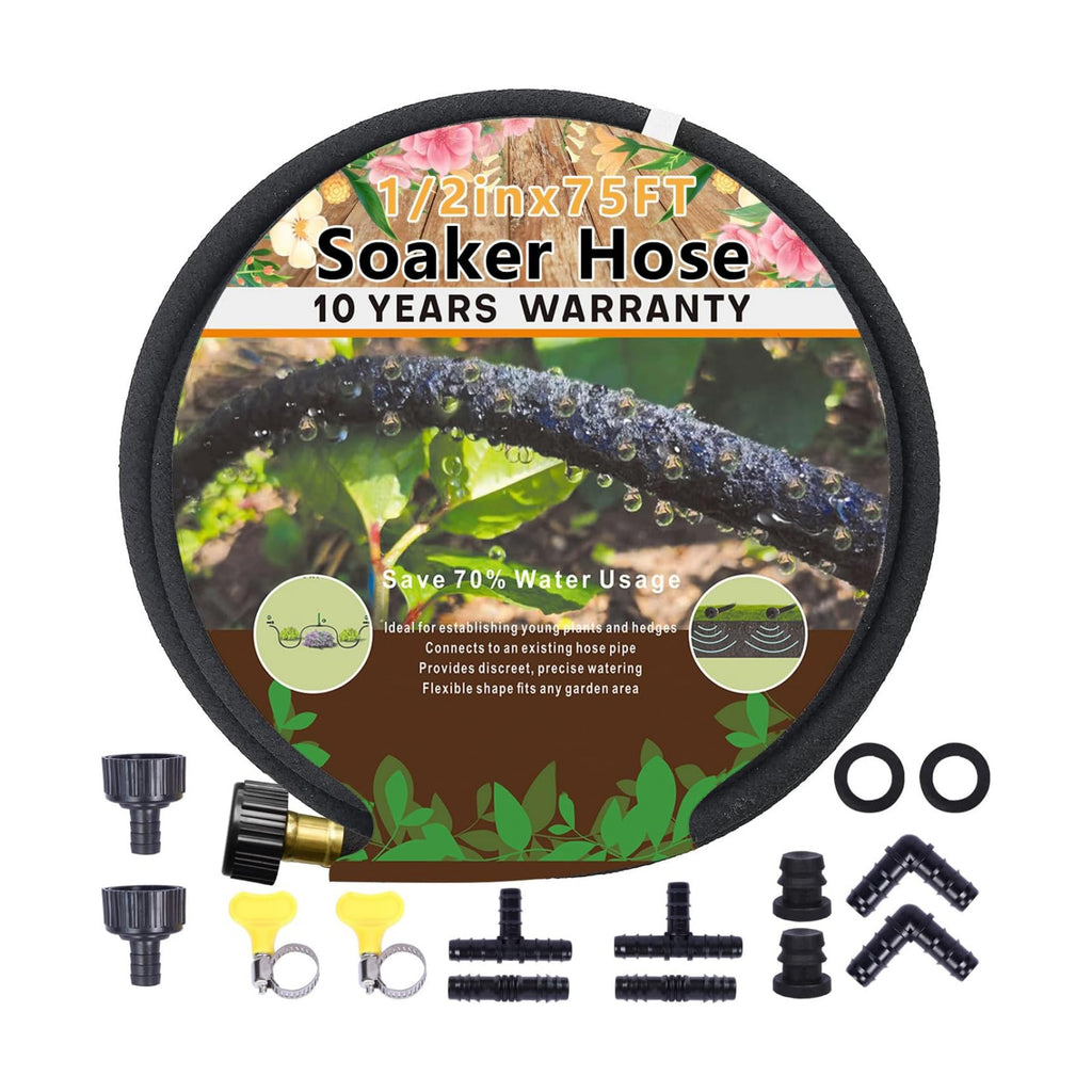 1/2'' Soaker Hose 75 Ft for Garden Beds, Garden Soaker Hose Drip Irrigation System