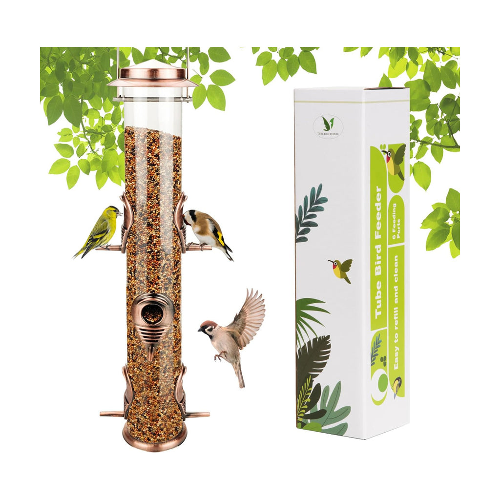 MIXXIDEA 1PK Metal Wild Bird Feeder,Squirrel Proof Bird Feeders for Outside,Hanging 6 Port Tube Bird Feeder,Finch Bird Feeder for Attracting Birds in Your Lawn, Garden, Balcony-Antique Copper