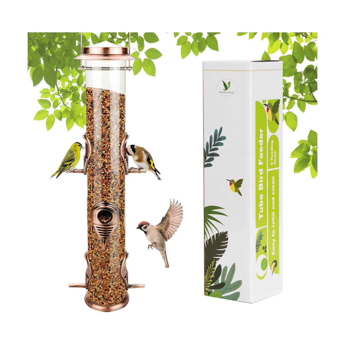 MIXXIDEA 1PK Metal Wild Bird Feeder,Squirrel Proof Bird Feeders for Outside,Hanging 6 Port Tube Bird Feeder,Finch Bird Feeder for Attracting Birds in Your Lawn, Garden, Balcony-Antique Copper