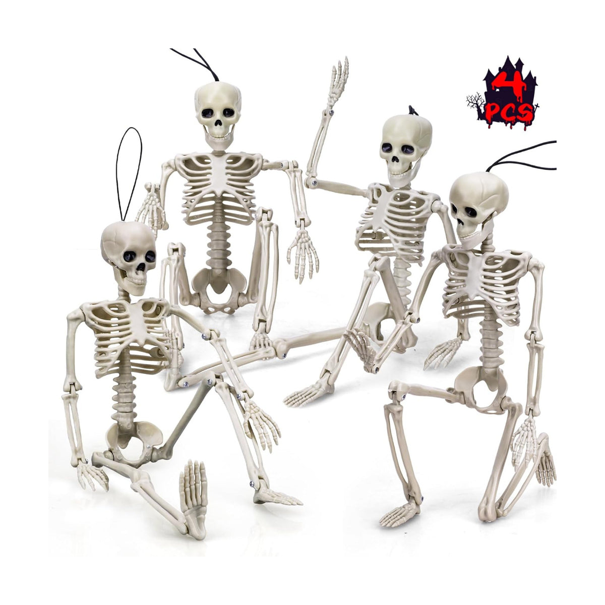 TOY Life 4 Pcs Halloween Skeleton 16" Posable Skeleton Decor, Full Body Posable Joints Outdoor Skeletons, Halloween Skeletons Decorations Outdoor Indoor, Plastic Hanging Skeleton Decorations