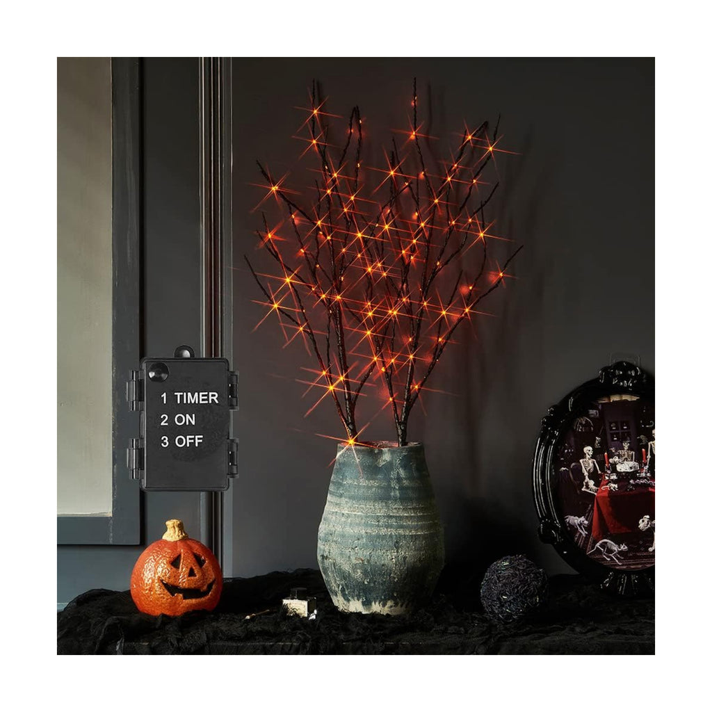 Hairui Lighted Halloween Tree Branches with Timer 32IN 100L Orange Fairy Lights, Black Twig Branch Lights Battery Operated or Indoor Outdoor Halloween Party Decoration