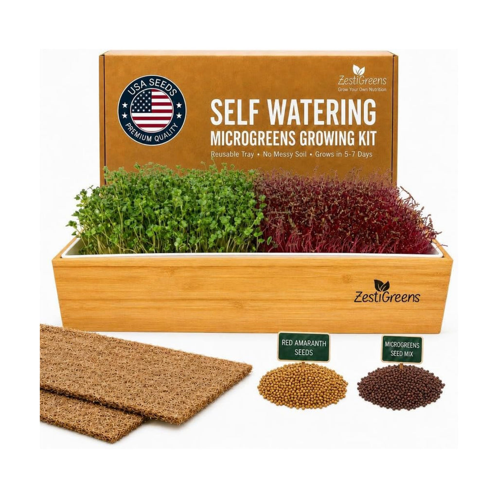 Microgreens Growing Kit - Self-Watering Bamboo Grow Tray | Includes tray, seeds, mats and bamboo surround for easy
