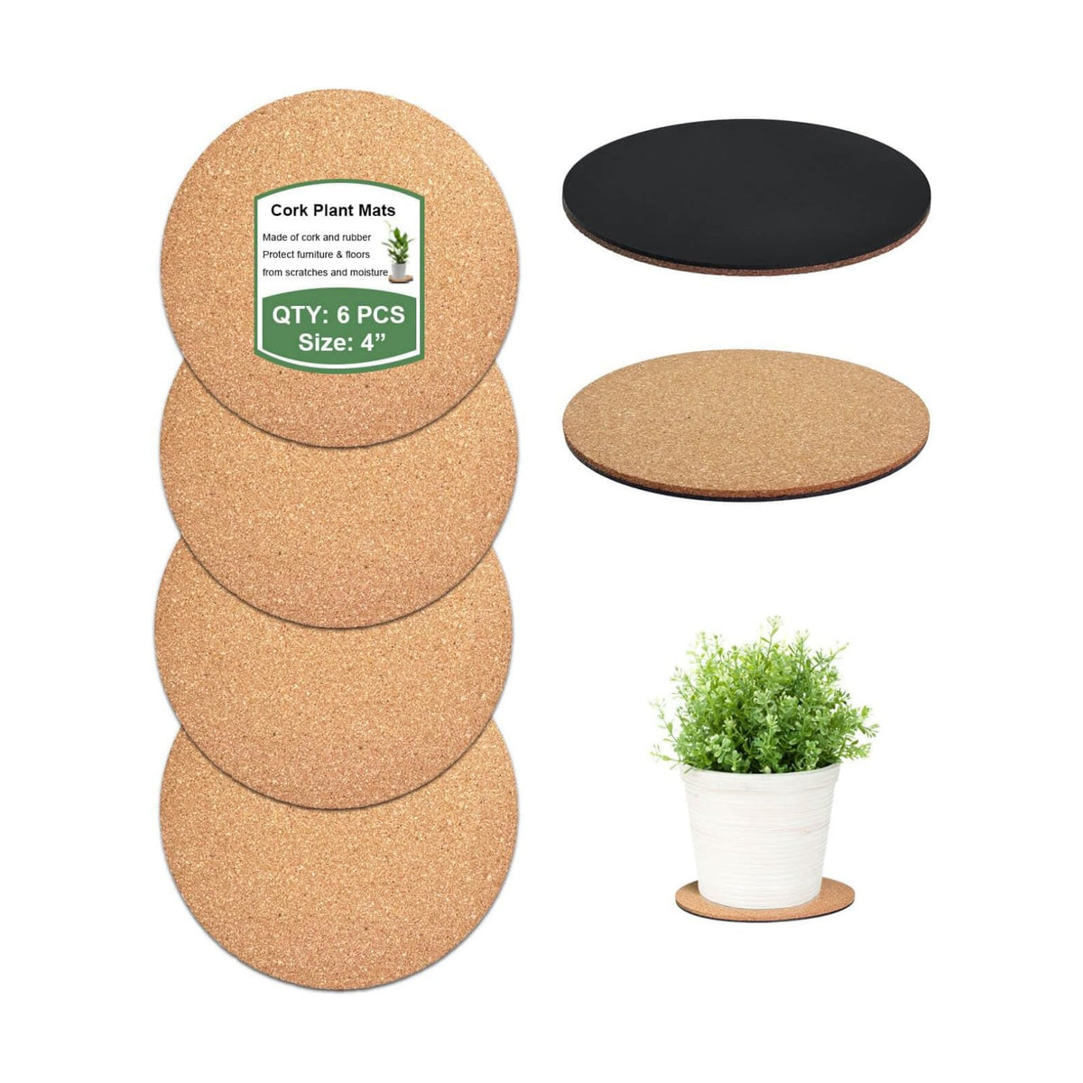 4 Inch Cork Plant Coasters, 6 Pack Round Plant Mats for Small Flower Pots