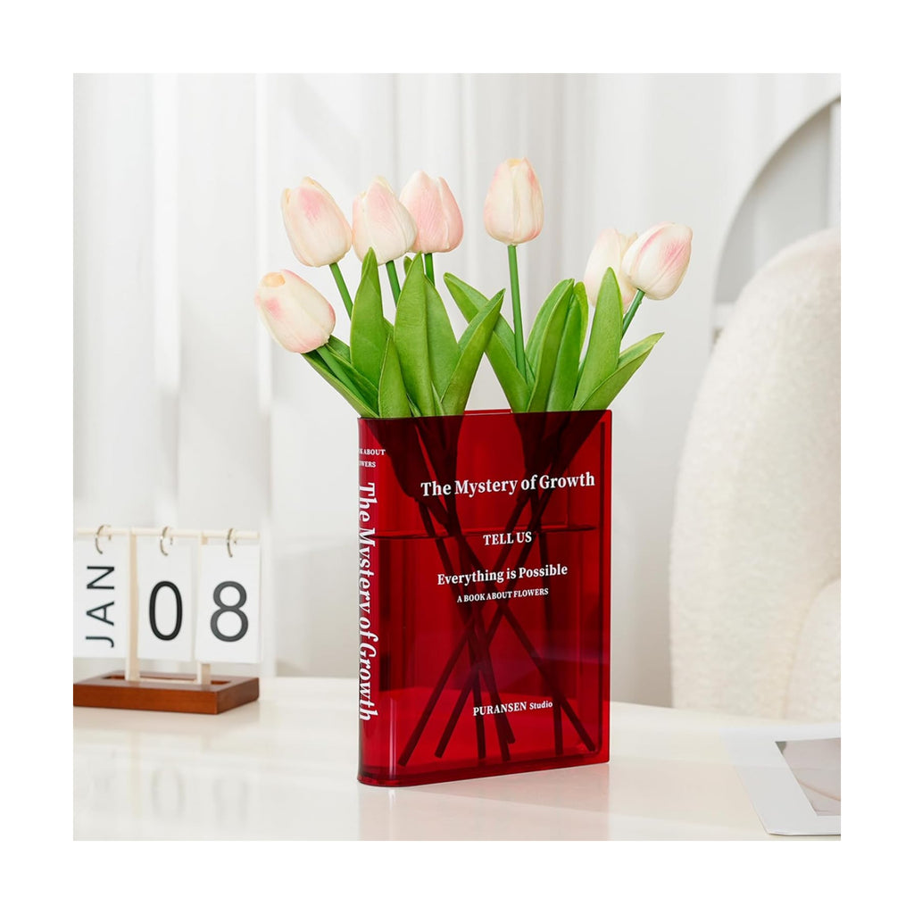 Puransen Clear Book-Shaped Vase for Centerpiece Home Indoor Desk Decor，Red