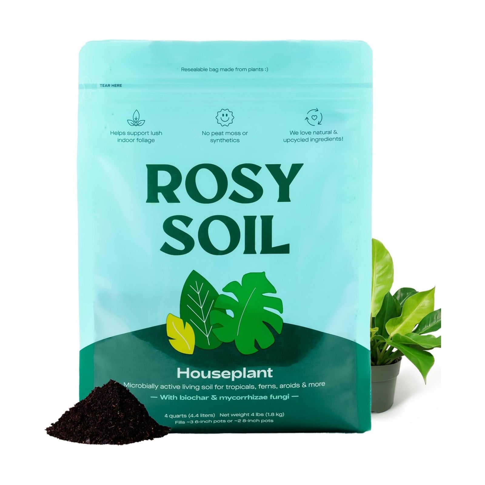 Rosy Soil Houseplant Potting Soil, Organic Indoor Potting Mix, 8 Quarts | Biochar and Worm Castings, For Monstera