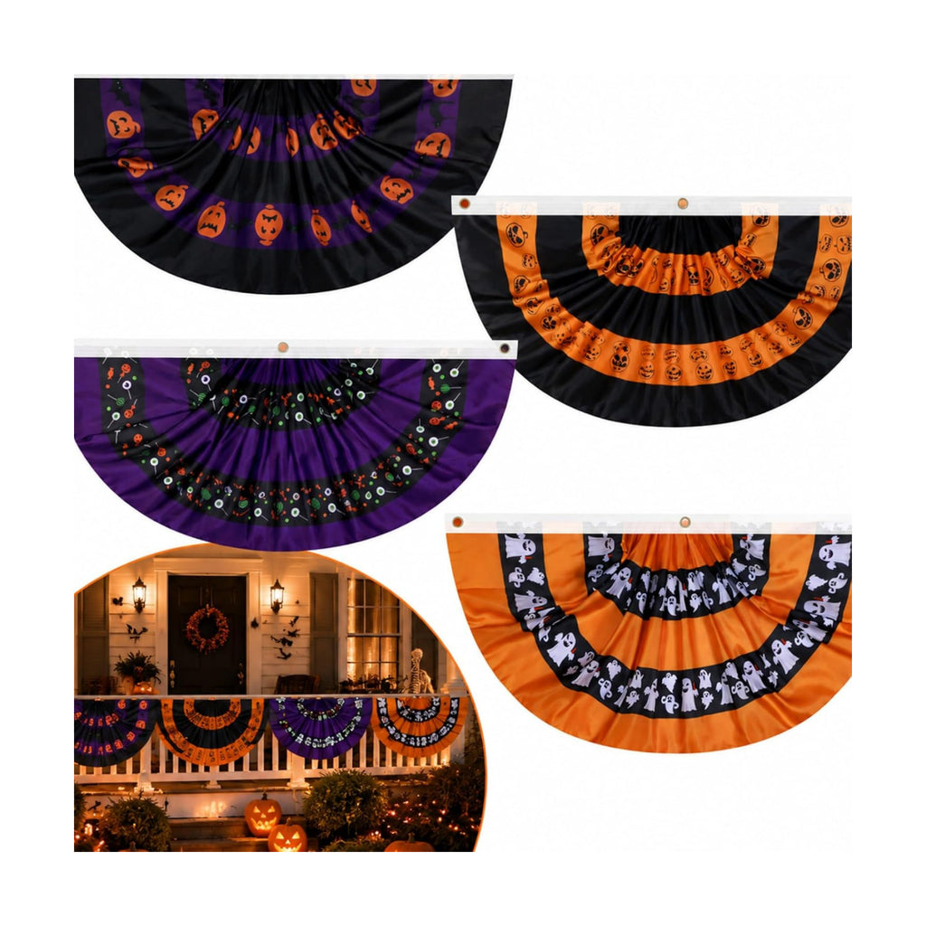 4 Pcs Halloween Bunting Flags for Outside 3 x 1.5 ft Pleated Half Fan Flag