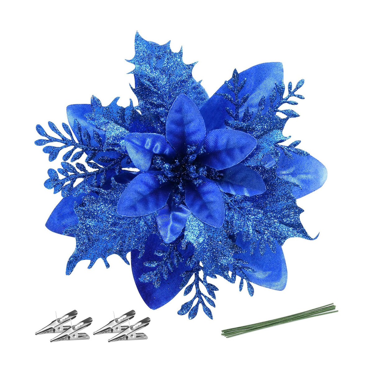FurRain Christmas Poinsettia Artificial Flowers Decorations 5.5" Christmas Tree Wreaths Garland Decoration 12 Pcs Glitter Flowers Picks Decor for Xmas Wedding Party Ornaments (Royal Blue)