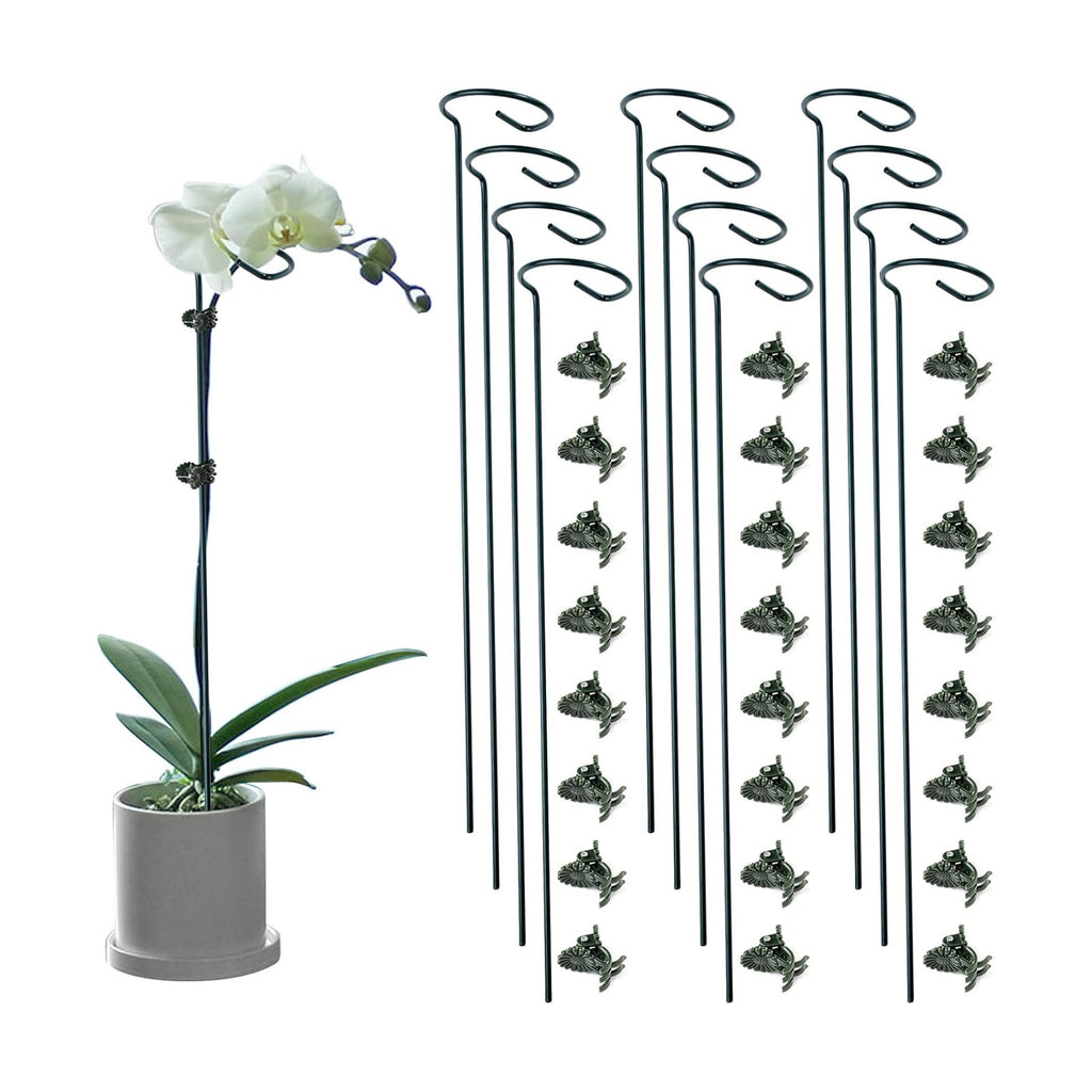 12 Pack Plant Support Stakes with 24 Pcs Plant Clips, Garden Single Stem Support Stake, Plant Cage Support Ring for