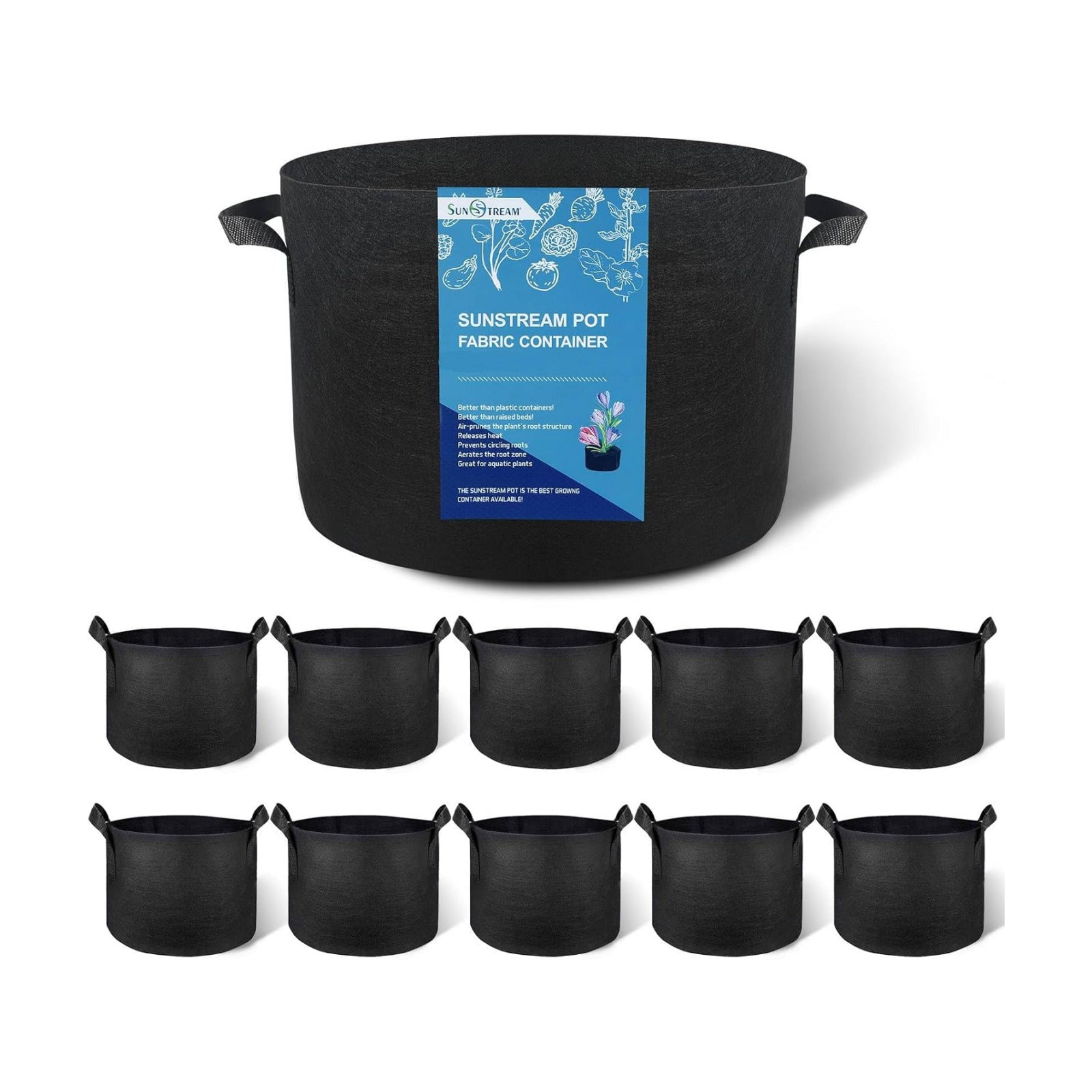 SunStream 5 Gallon Grow Bags 10 Pack | Heavy Duty 300G Thickened with Handles Nonwoven Fabric Garden Pots for Indoor