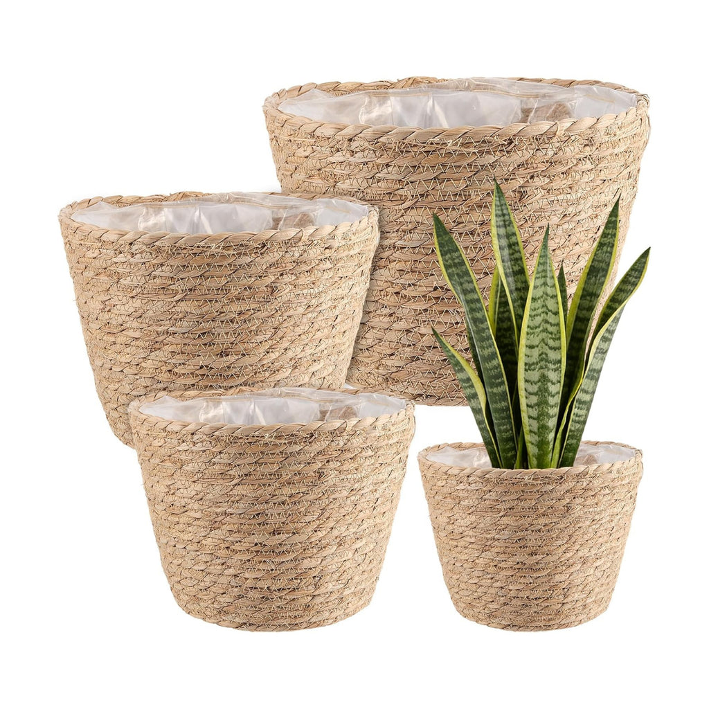 Set of 4 Seagrass Planter Basket, 6" 7" 9" 10" Hand Woven Plant Basket with Waterproof Plastic Liner, Round Natural Flower Pot for Indoor Outdoor Modern Home Decoration, Brown
