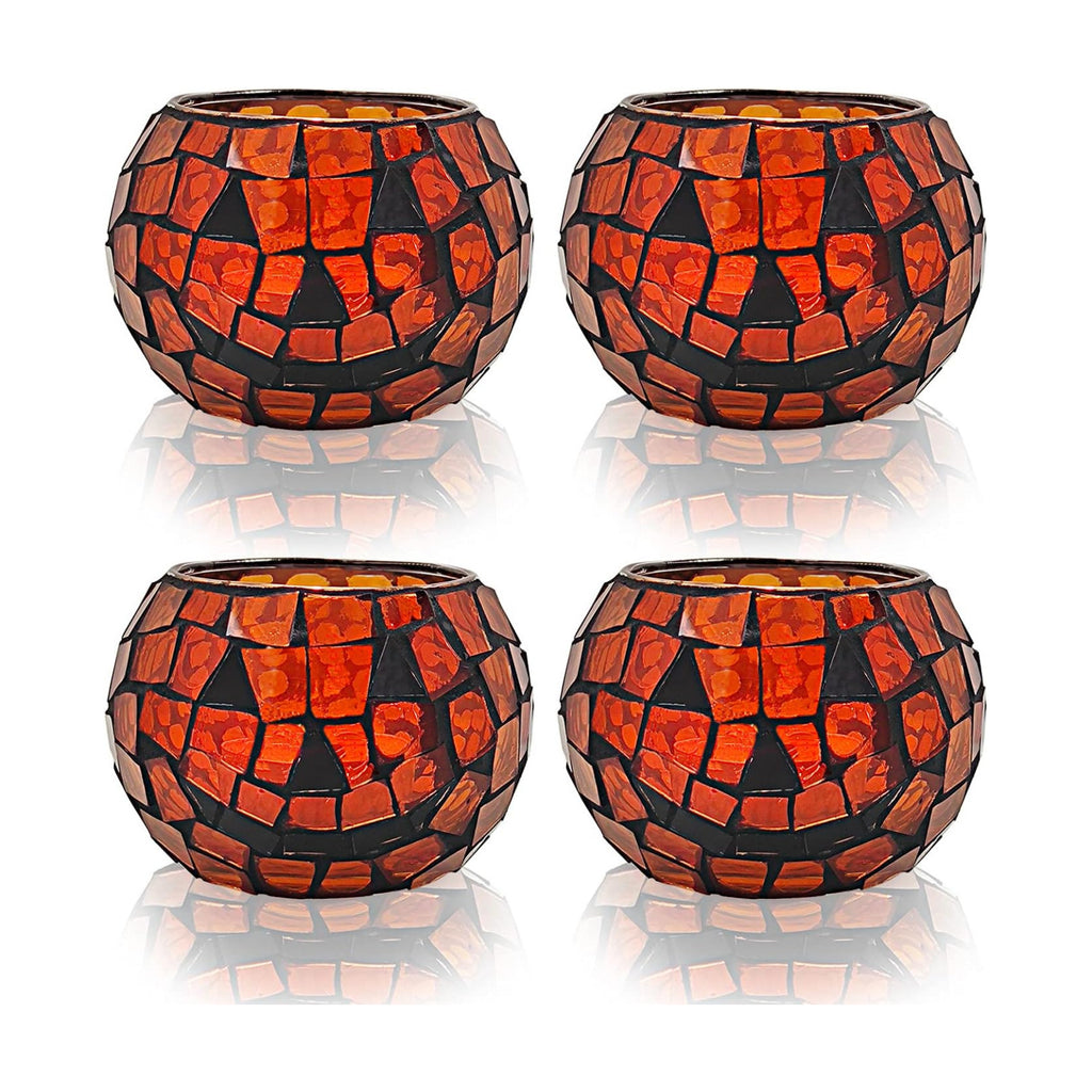 SHMILMH Halloween Candles Holder Set of 4, Grimace Tealight Holders, Handmade Mosaic Pumpkin Glass Votive Candle Holders for Halloween Table Centerpiece Home Decor