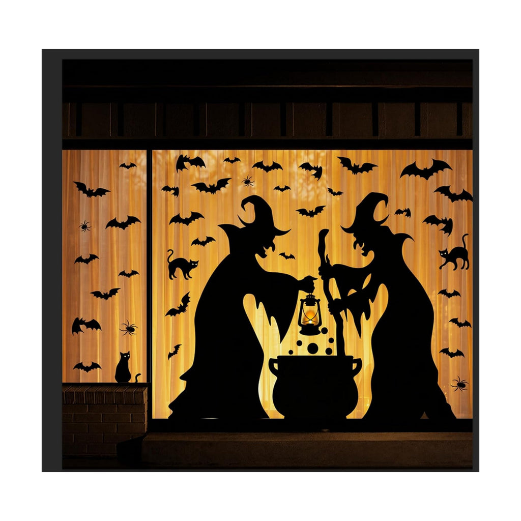 Halloween Decorations Window Clings Decor, Extra Large Witches with Black Cat Bats Spider Cauldron Silhouette Halloween Window Stickers Decals Indoor Outdoor, School Home Office Party, 3 Sheets