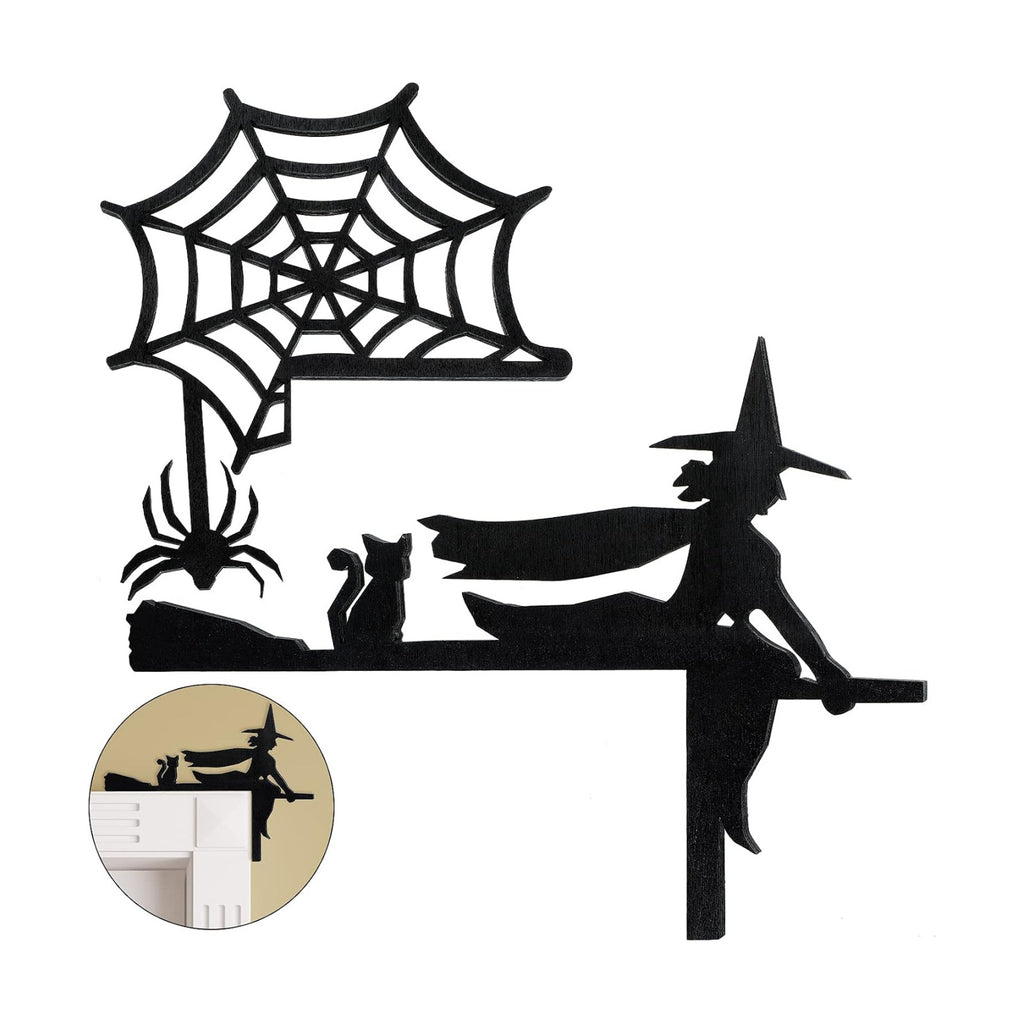 Jetec 2 Pcs Halloween Door Corner Sign Wood Witch Spider Web, Black