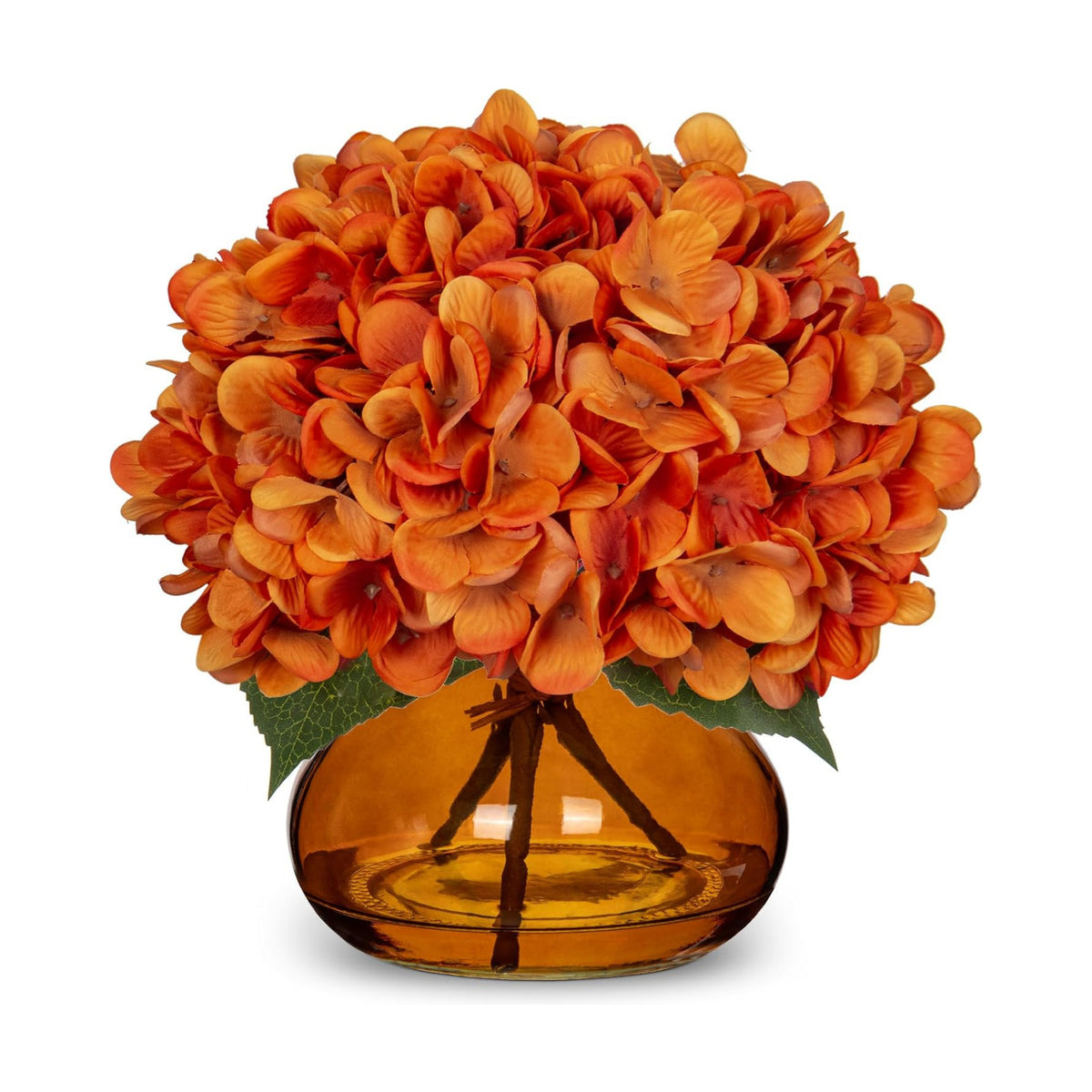 Hollyone Orange Fall Hydrangeas with Vase Indoor Faux Fall Hydrangea Artificial Flowers Decor Silk Fake Flowers Arrangements in Glass Vase Autumn Festival Table Centerpiece Fall Decorations for Home