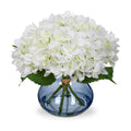 Hollyone White Hydrangea Artificial Flowers with Glass Vase Silk Faux Flowers Arrangements with Faux Water in Blue Vase Fake Floral Bulk Bouquet for Home Decor Table Centerpiece Decorations