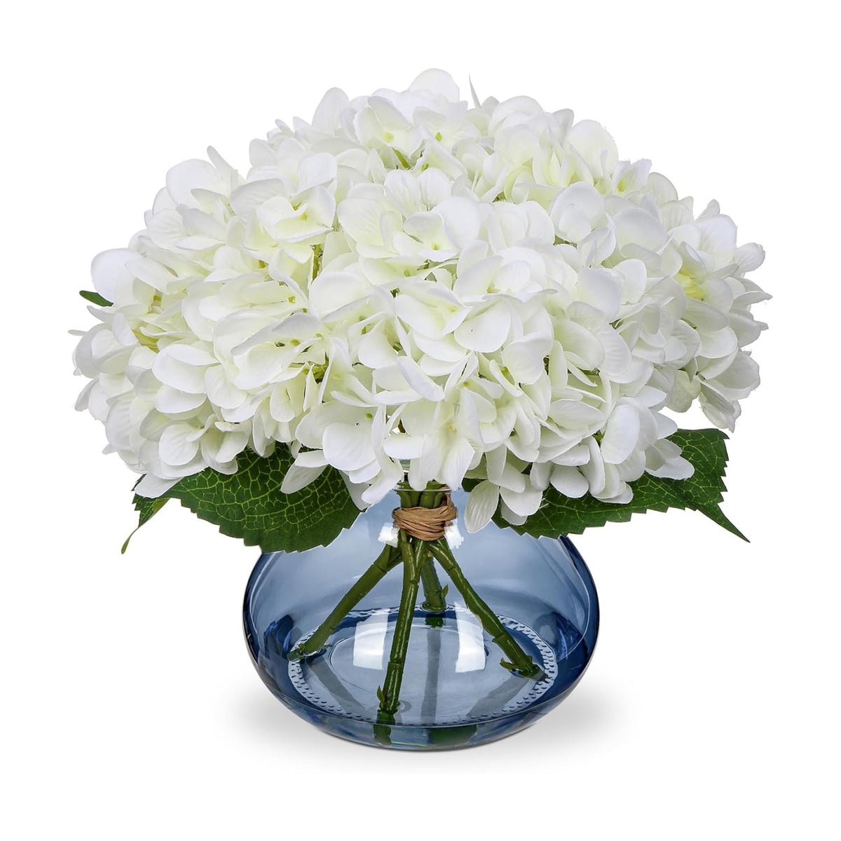 Hollyone White Hydrangea Artificial Flowers with Glass Vase Silk Faux Flowers Arrangements with Faux Water in Blue Vase Fake Floral Bulk Bouquet for Home Decor Table Centerpiece Decorations