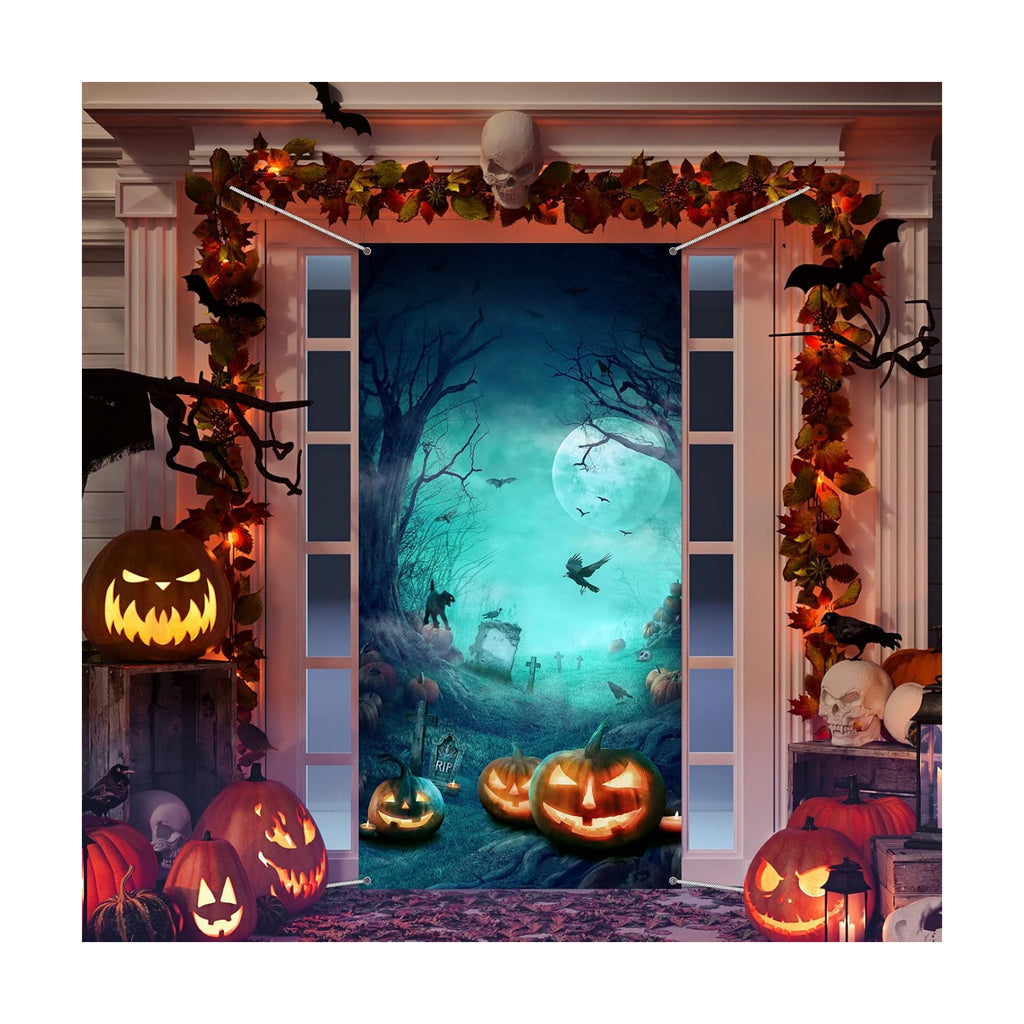 Tatuo Halloween Door Cover Cemetery Moon Dead Tree, 70.87 x 35.43 Inch