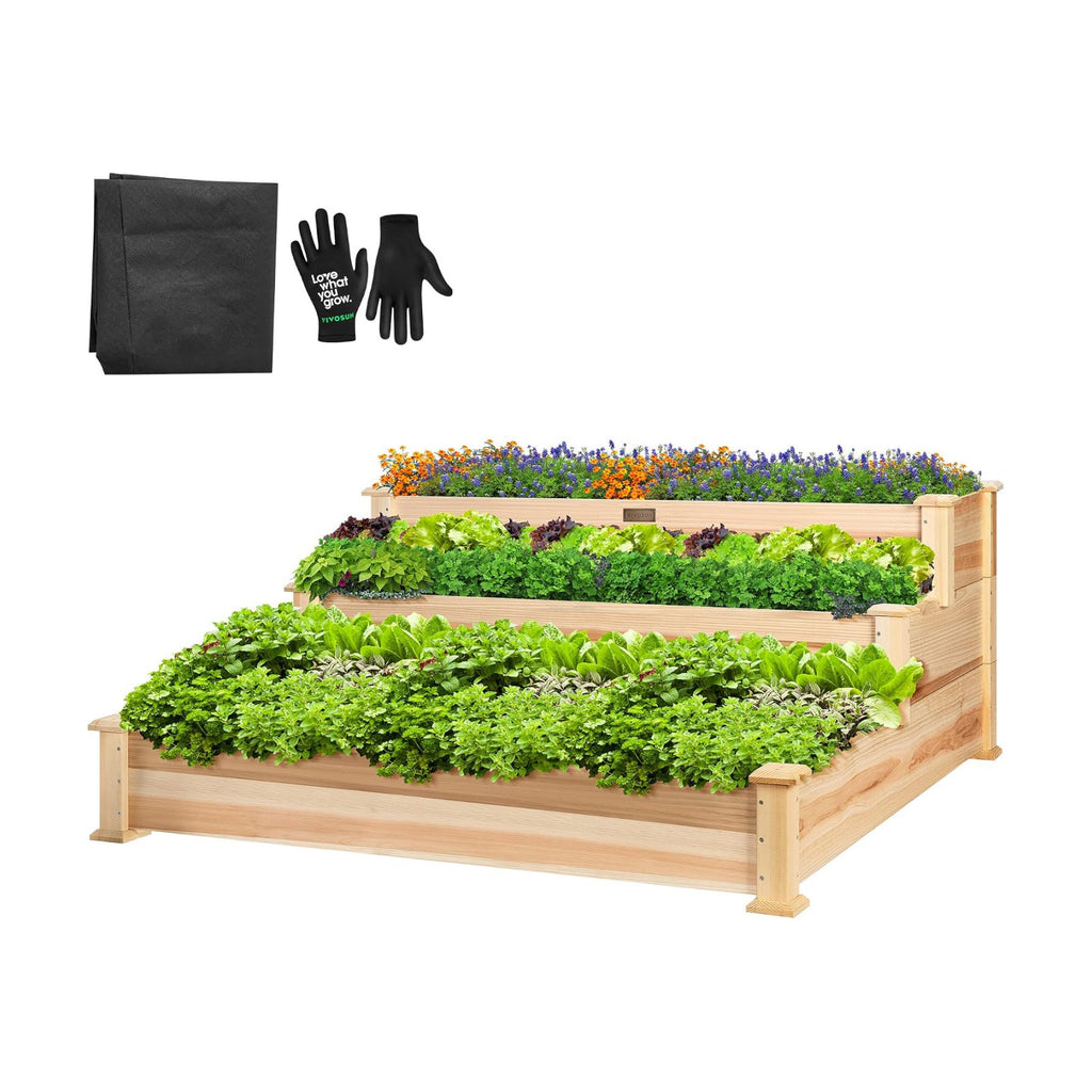 VIVOSUN 3-Tier Raised Garden Bed Outdoor Wood 48x48x21 Planter Box Kit | 2-in-1 Stack or Flat / 3 Depth Levels