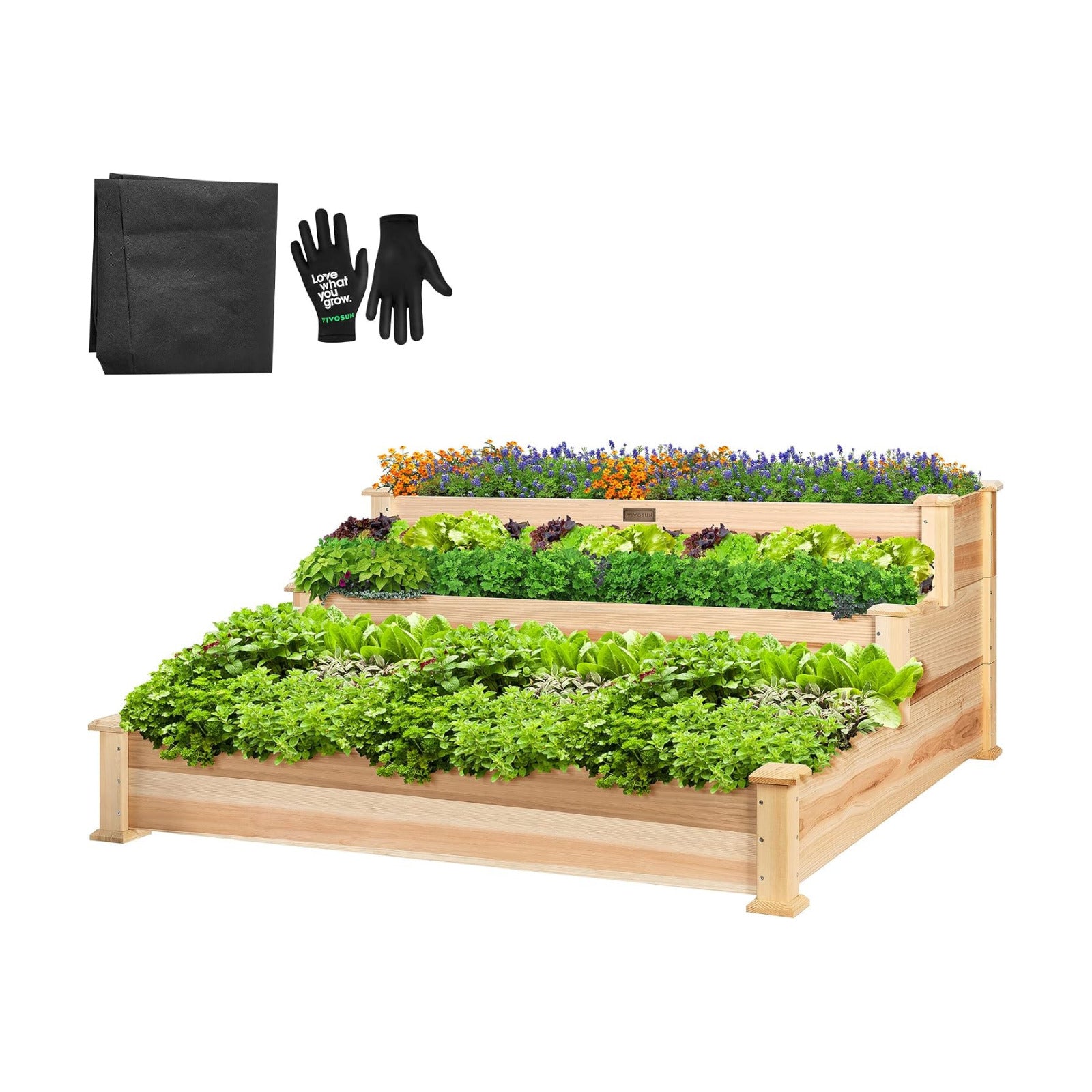 VIVOSUN 3-Tier Raised Garden Bed Outdoor Wood 48x48x21 Planter Box Kit | 2-in-1 Stack or Flat / 3 Depth Levels