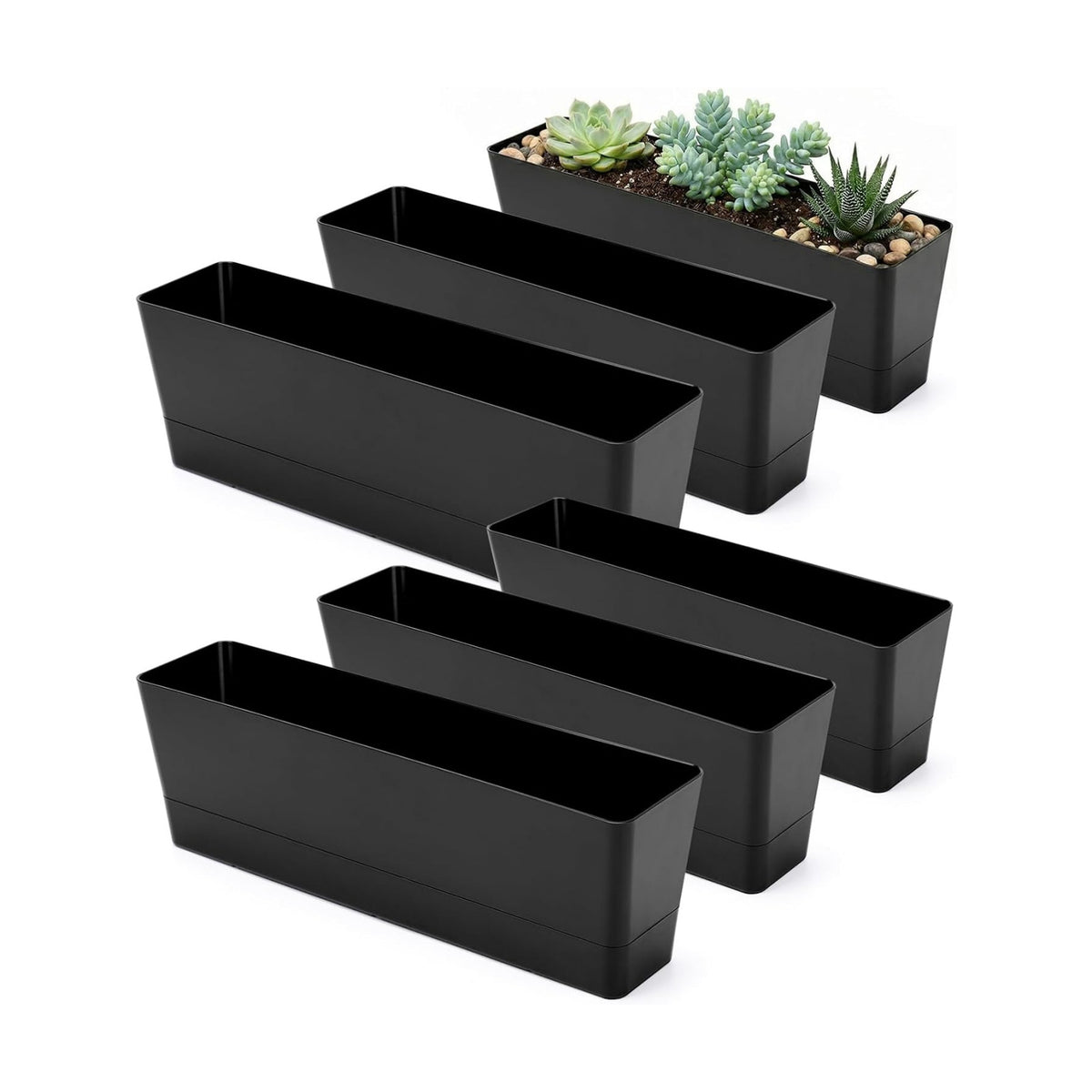 GREANER Rectangle Window Boxes, 6PCS 16x3.8 Inch Black Herb Planters with RemovableTray and Drainage Hole, Succulent Flowers Plastic Pot for Balcony, Office, Windowsill, Garden, Outdoor Decoration Use