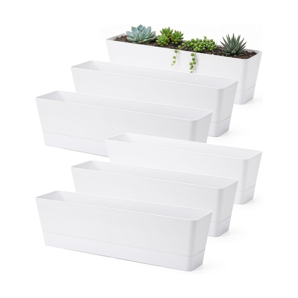GREANER Long Window Boxes Planters, 6 Pack 16x3.8 Inch Vegetable Box Pot with Tray, Indoor Succulent Cactus Flowers Plastic Rectangle Pot for Balcony, Office, Garden, Outdoor, Windowsill - White
