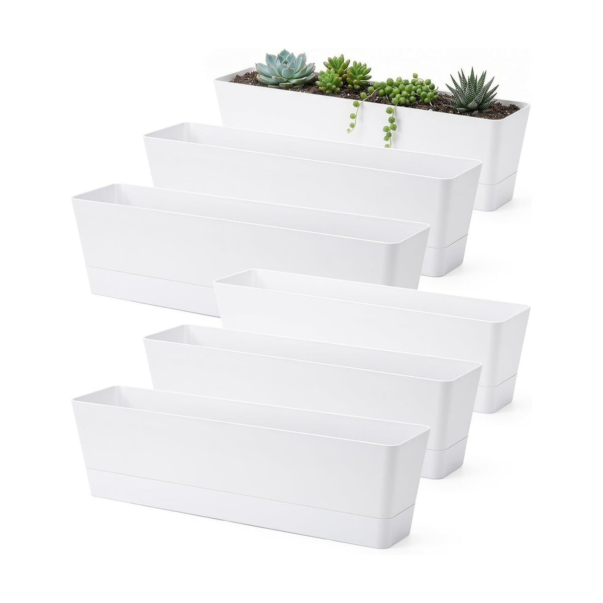 GREANER Long Window Boxes Planters, 6 Pack 16x3.8 Inch Vegetable Box Pot with Tray, Indoor Succulent Cactus Flowers Plastic Rectangle Pot for Balcony, Office, Garden, Outdoor, Windowsill - White
