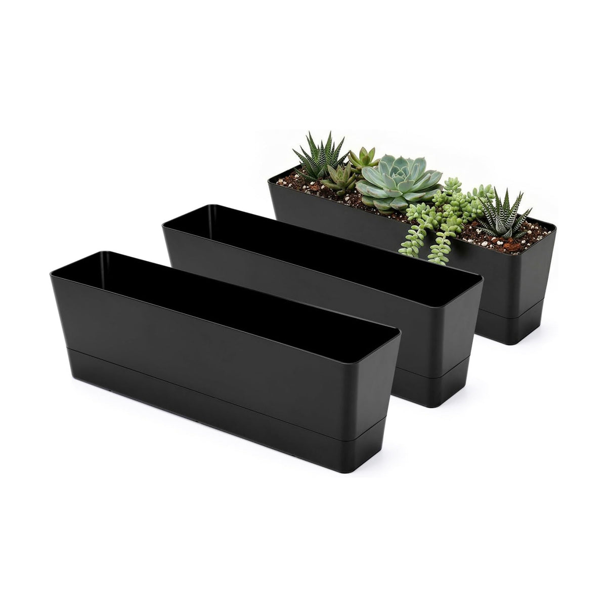 GREANER 3PCS 16x3.8 Inch Window Boxes Planters, Black Rectangle Planters Box with Drainage Holes and Trays, Herb Succulents Flowers Plastic Pot for Windowsill, Garden, Balcony, Indoor, Outdoor Decor
