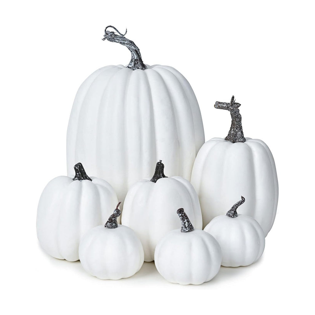 Lvydec 7pc Assorted Size White Pumpkins Craft Pumpkins for Halloween Thanksgiving Autumn Festive Party Supplies
