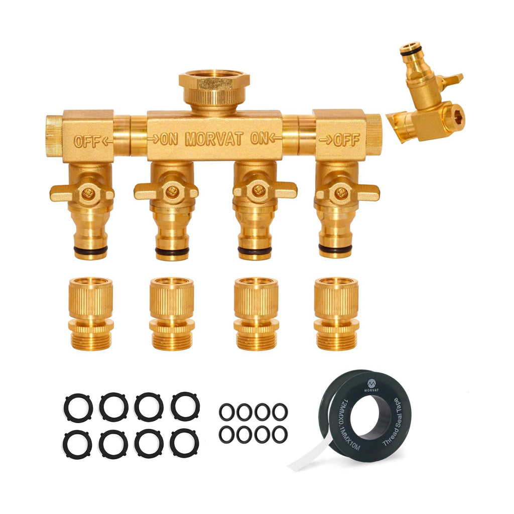 Heavy Duty 4 Way Brass Hose Splitter, Quick Connector Rotating Arms | 4-outlet brass manifold with individual ON/OFF