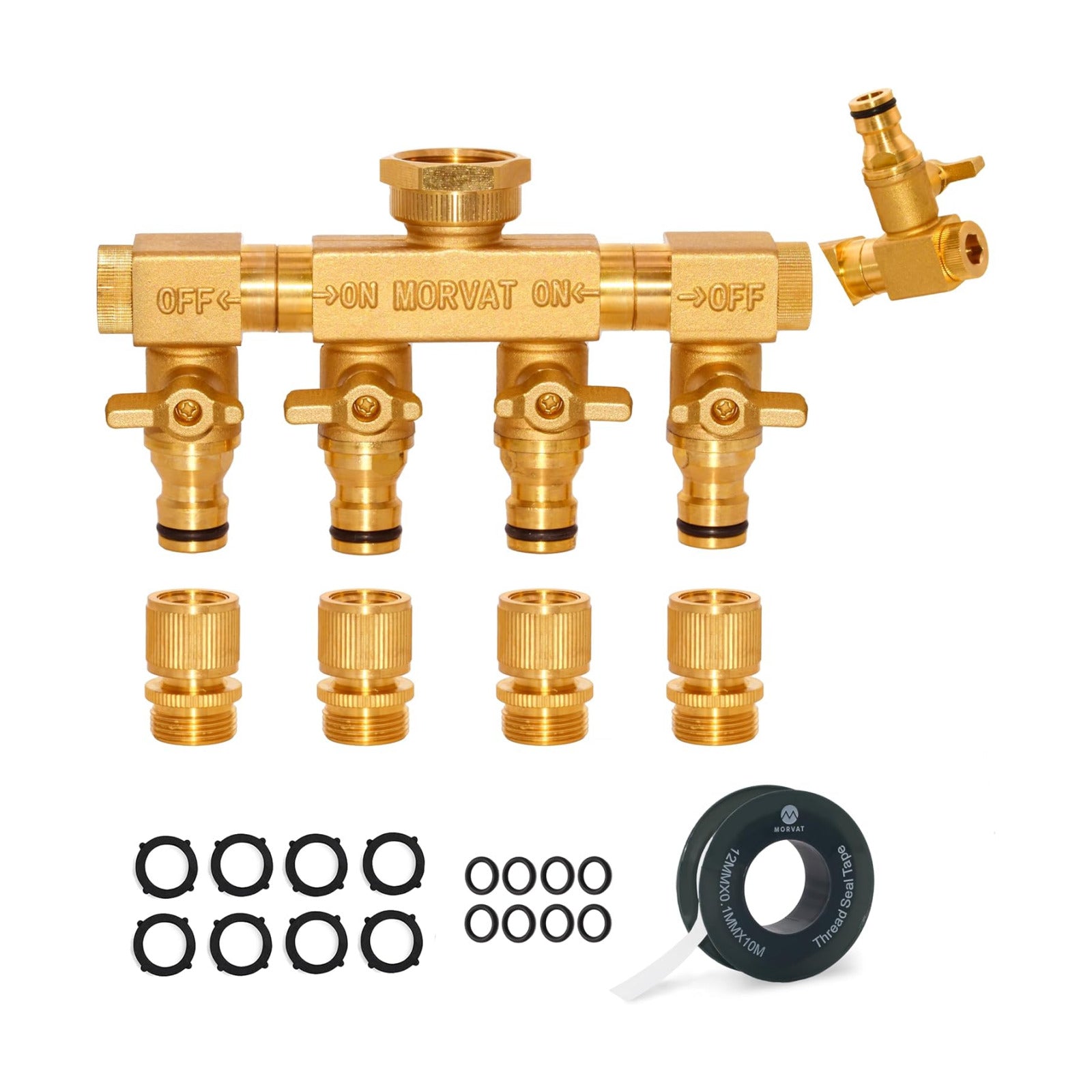 Heavy Duty 4 Way Brass Hose Splitter, Quick Connector Rotating Arms | 4-outlet brass manifold with individual ON/OFF