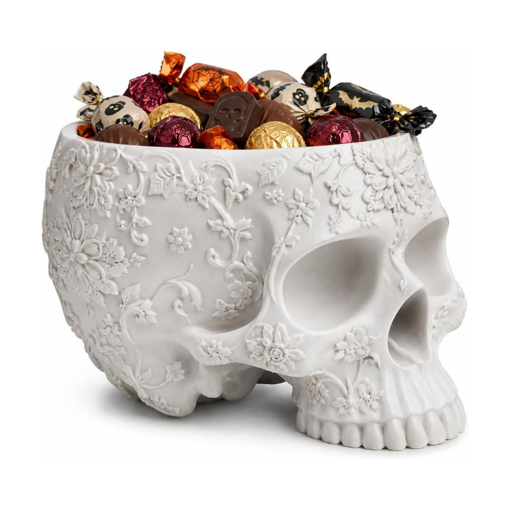 Halloween Skull Trick Or Treat Bowl Black Skeleton Planter Gothic Candy Pot