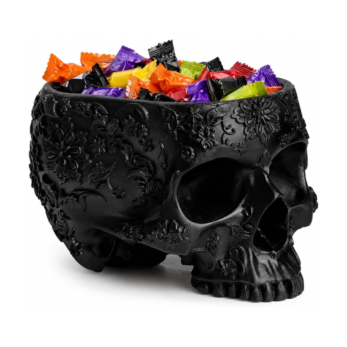 Halloween Skull Trick Or Treat Bowl Black Skeleton Planter Gothic Candy Pot