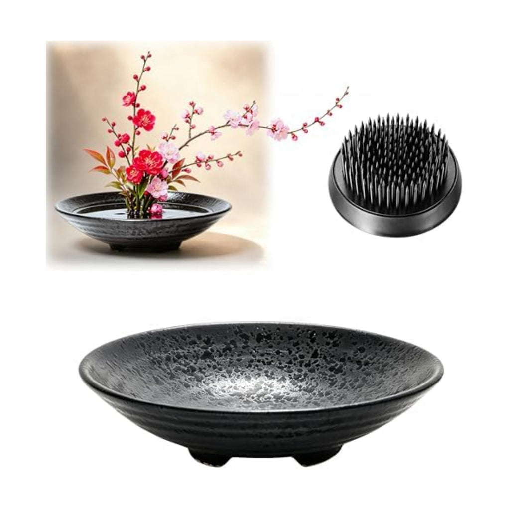 6.7inch Japanese Ikebana Vase Kit Floral Frog Bowl Flower Container with Kenzan - 1.57inch Black Flower Frog, 6.7inch Bowl Vase