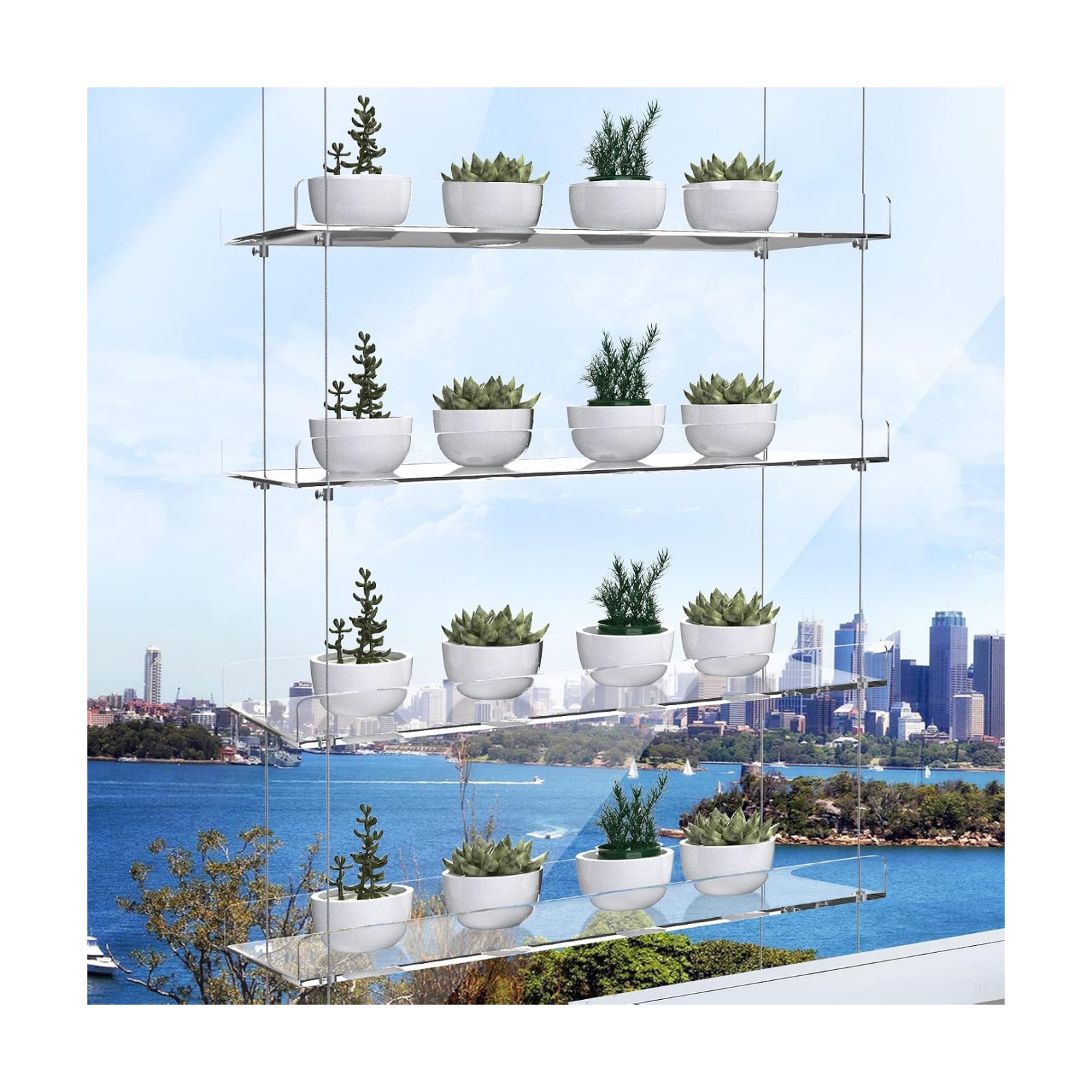 4-Tier Floating Acrylic Plant Shelf – Each Tier 16 Inch Long | Height Adjustable for Indoor Garden, Ideal for Herbs &