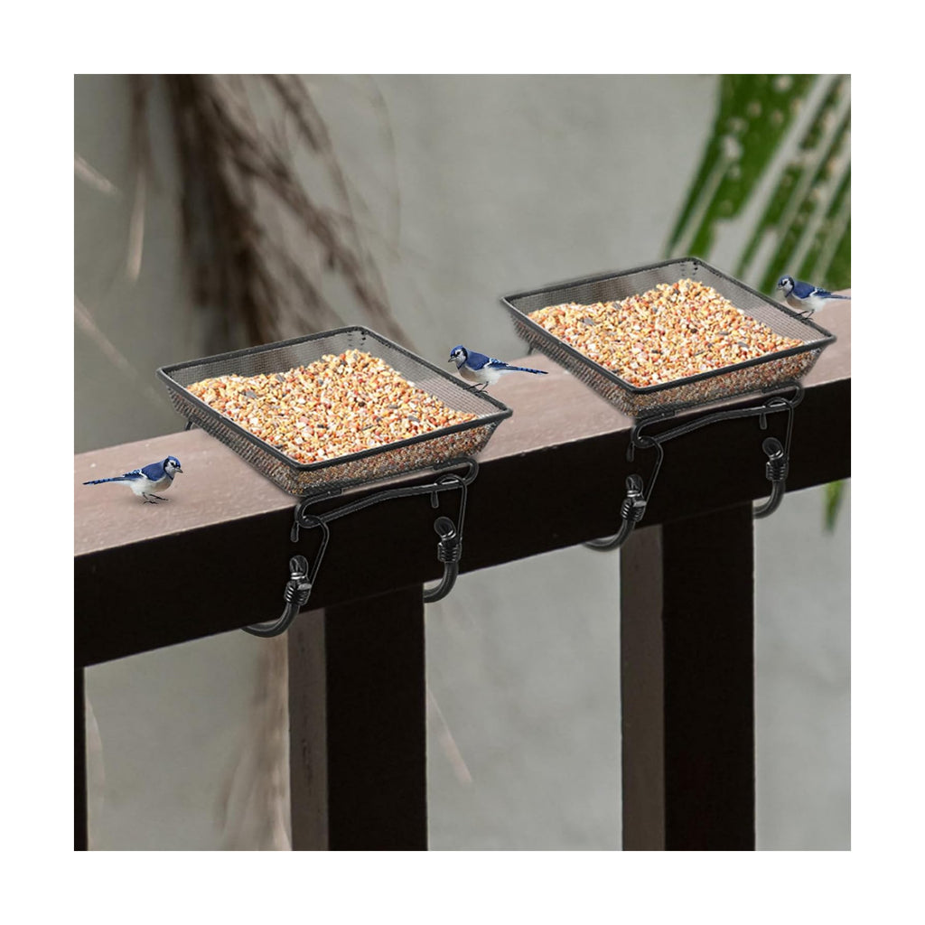 2 Pcs Deck Railing Balcony Bird Feeder Tray with 4 Fixed Elastic Ropes