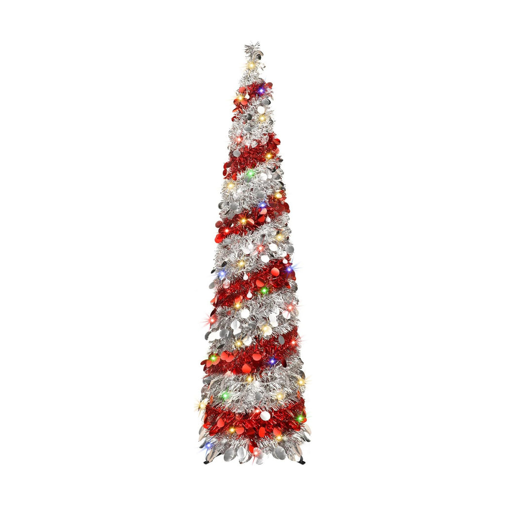 5FT Christmas Trees with 90 Lights, Collapsible Artificial Sequin Pop Up Christmas Tree, Tinsel Slim Pencil Christmas Tree for Home Holiday Fireplace Party Indoor Outdoor Xmas Decorations (Sliver&Red)
