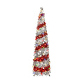 5FT Christmas Trees with 90 Lights, Collapsible Artificial Sequin Pop Up Christmas Tree, Tinsel Slim Pencil Christmas Tree for Home Holiday Fireplace Party Indoor Outdoor Xmas Decorations (Sliver&Red)