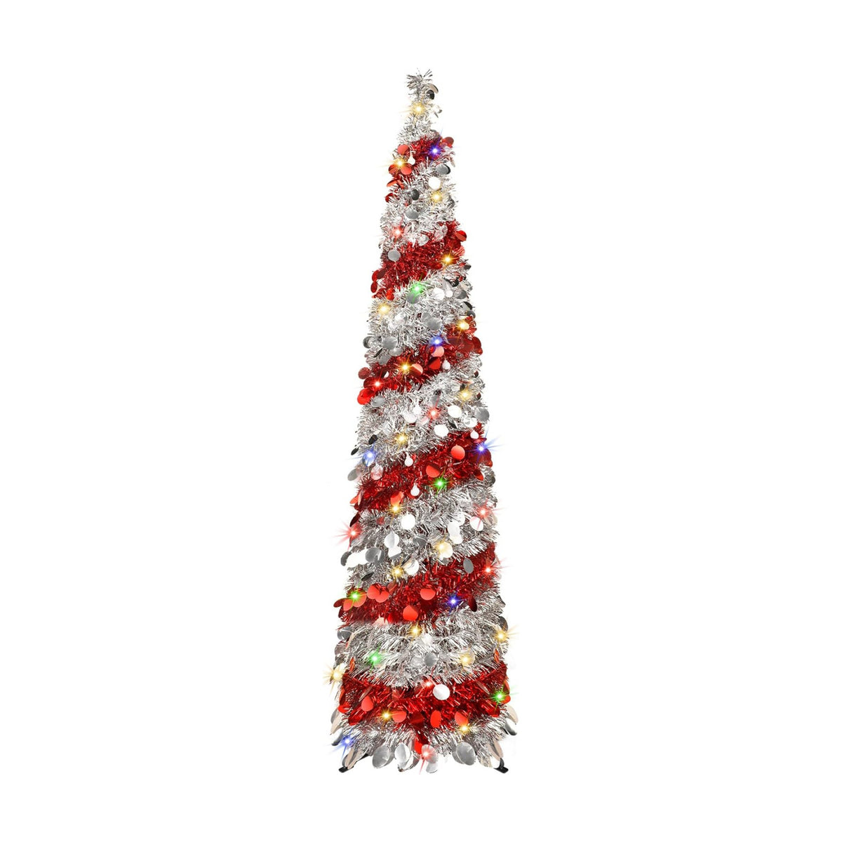5FT Christmas Trees with 90 Lights, Collapsible Artificial Sequin Pop Up Christmas Tree, Tinsel Slim Pencil Christmas Tree for Home Holiday Fireplace Party Indoor Outdoor Xmas Decorations (Sliver&Red)