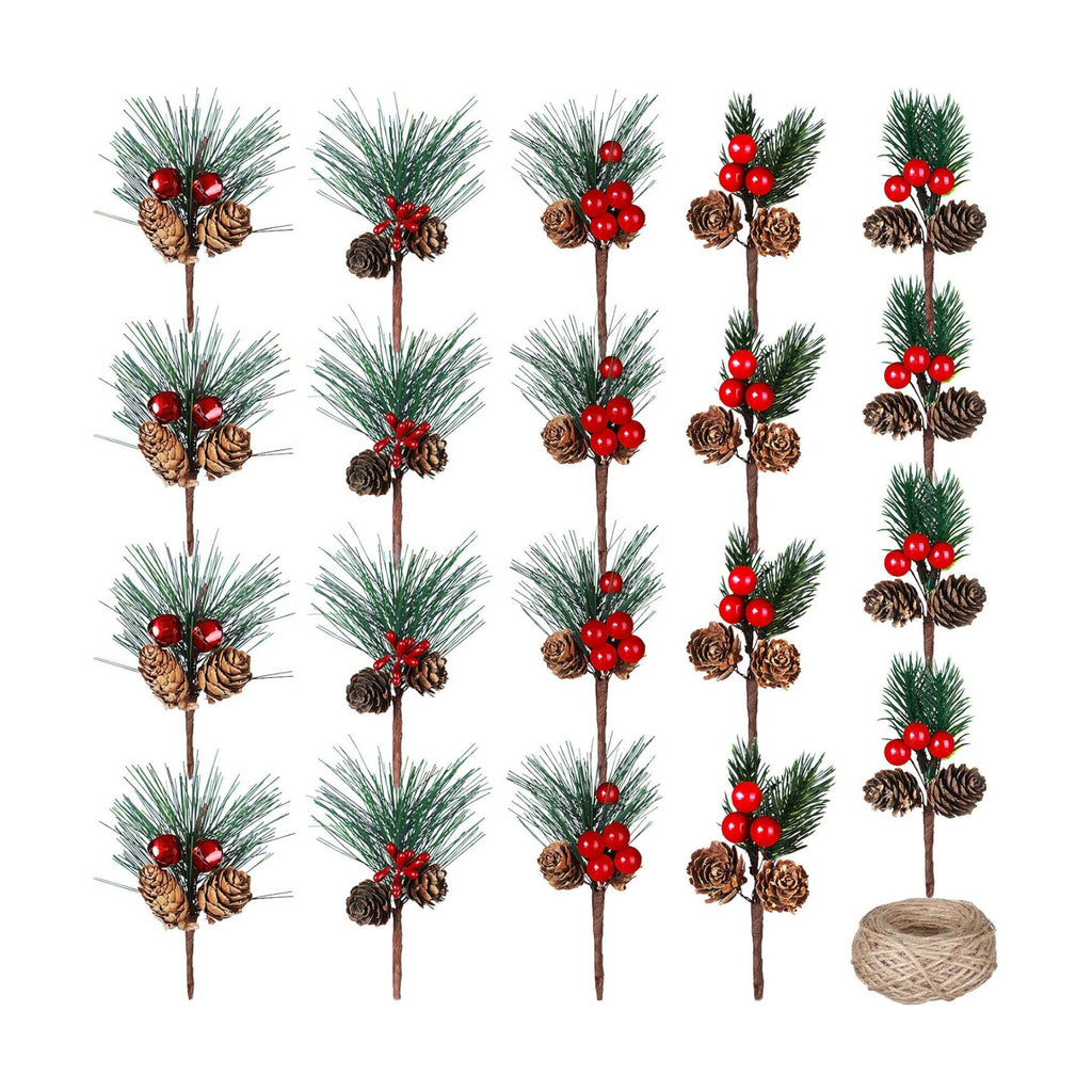 Canlierr 20 Pcs Christmas Pine Picks Pinecones Berries Set,Vivid Style