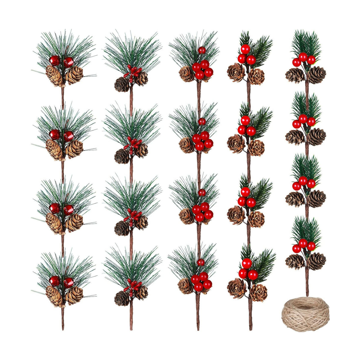 Canlierr 20 Pcs Christmas Pine Picks Pinecones Berries Set,Vivid Style