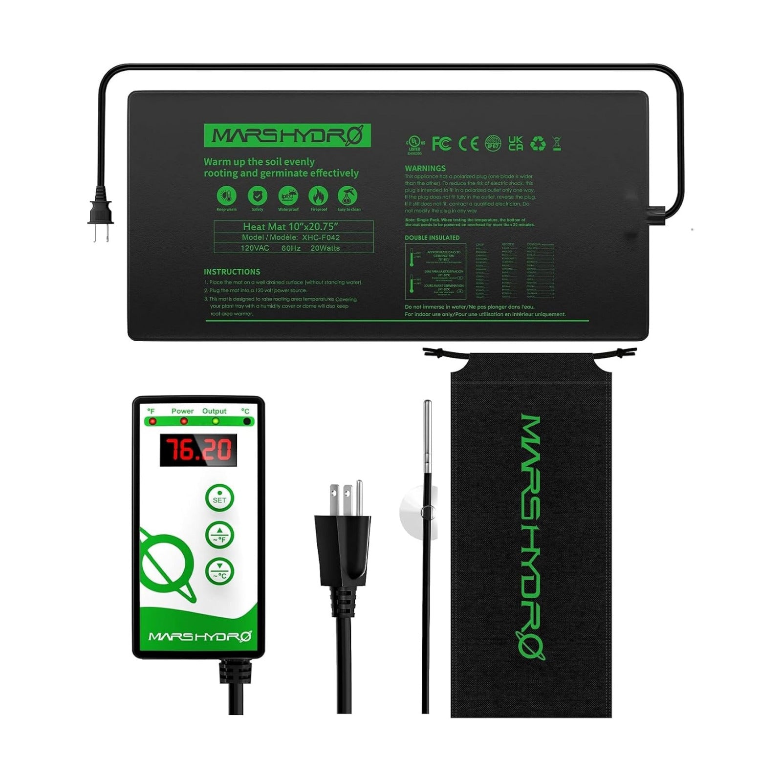 MARS HYDRO 10''x 20.75'' Seedling Heat Mat with Thermostat Combo Set，Heating Pad for for Germination, Indoor Gardening