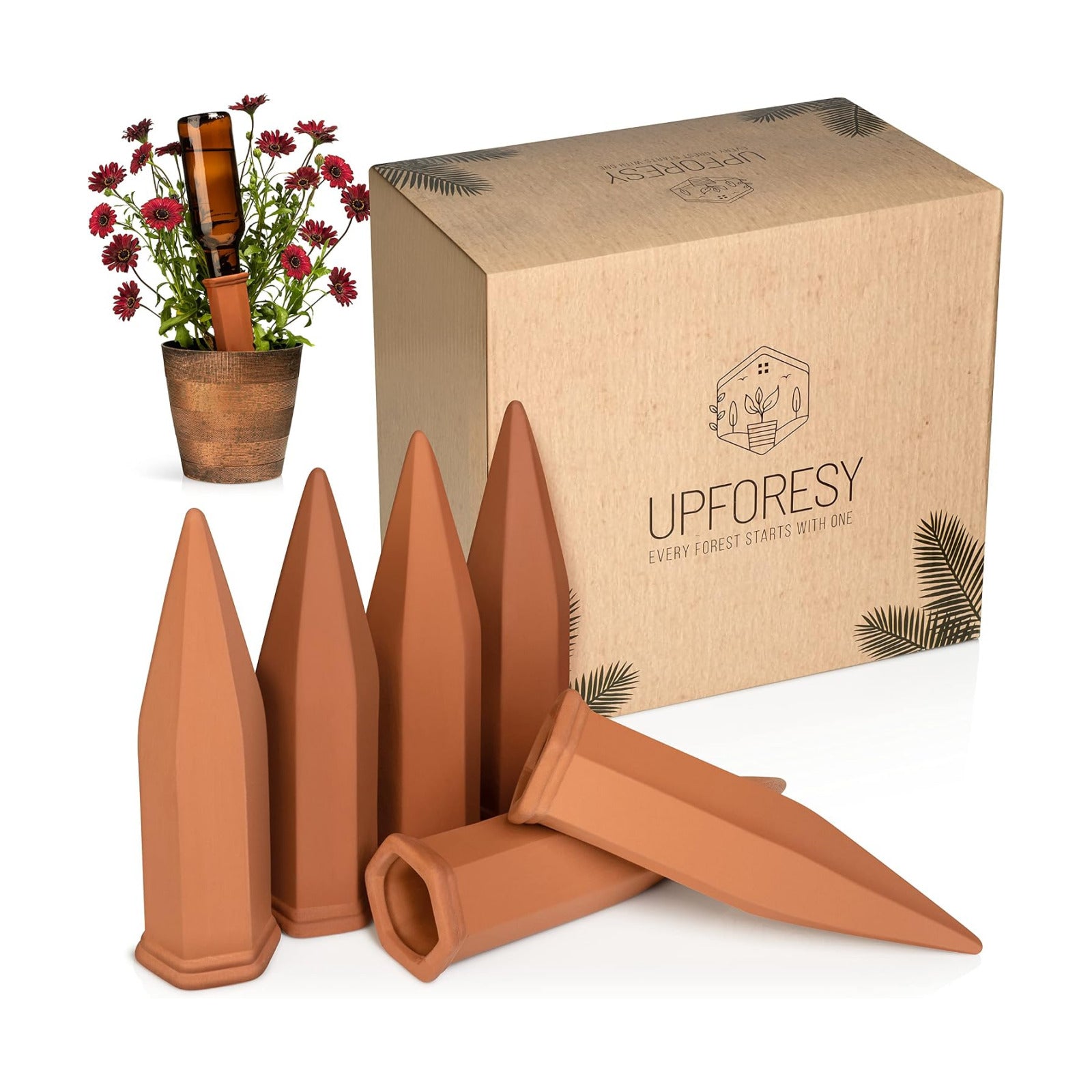 6 Pack Terracotta Watering Spikes for Indoor and Outdoor Plants - Simple and Easy Setup - Keep Plants Happy and Watered