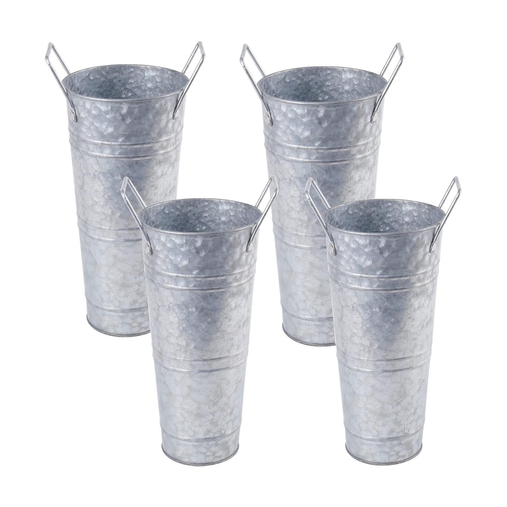 ZOOFOX Set of 4 Galvanized Metal Vases, 9" Farmhouse French Bucket with Handles, Rustic Style Metal Flower Holder for Home and Wedding Table Centerpiece Decor, with Plastic Liner/Insert Included