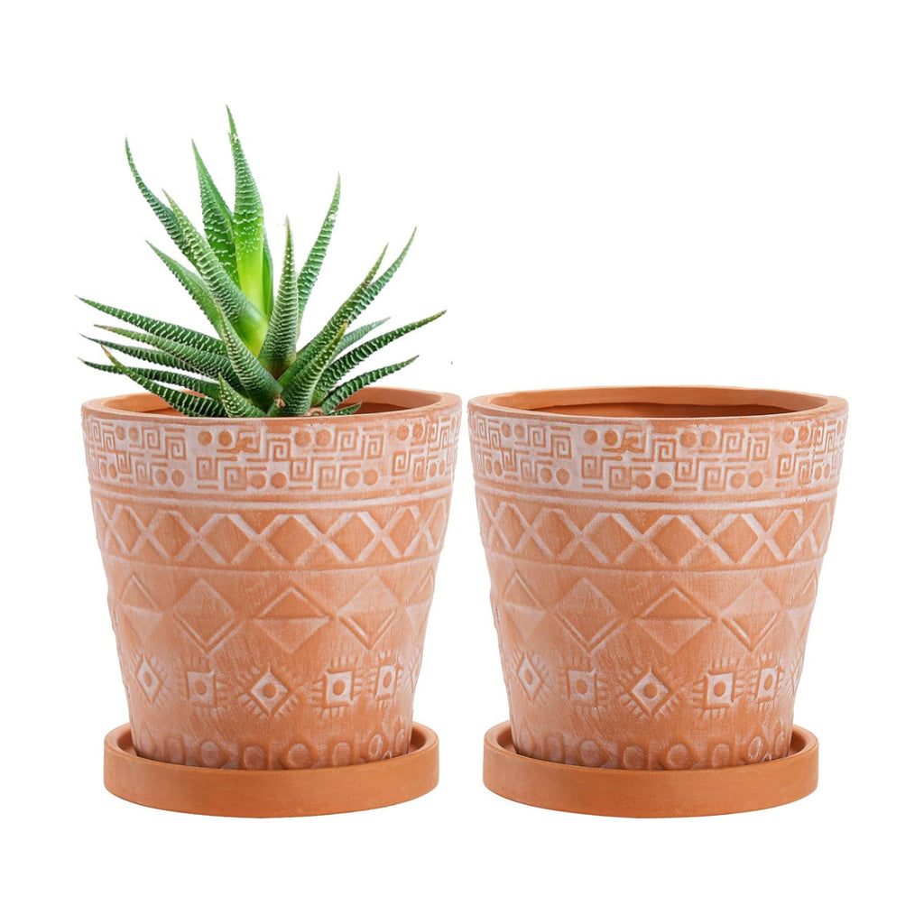 Cedilis 2 Pack Terracotta Pots, 5 Inch Red Clay Planter Pots with Drainage and Saucers, Ceramic Pottery Succulent