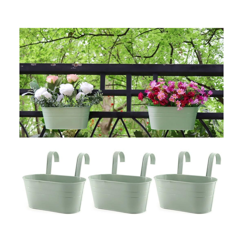 3 Pack Metal Railing Planters, 10.5" Oval Hanging Flower Pots with Detachable Hooks & Drainage Holes, Fits Rails up to