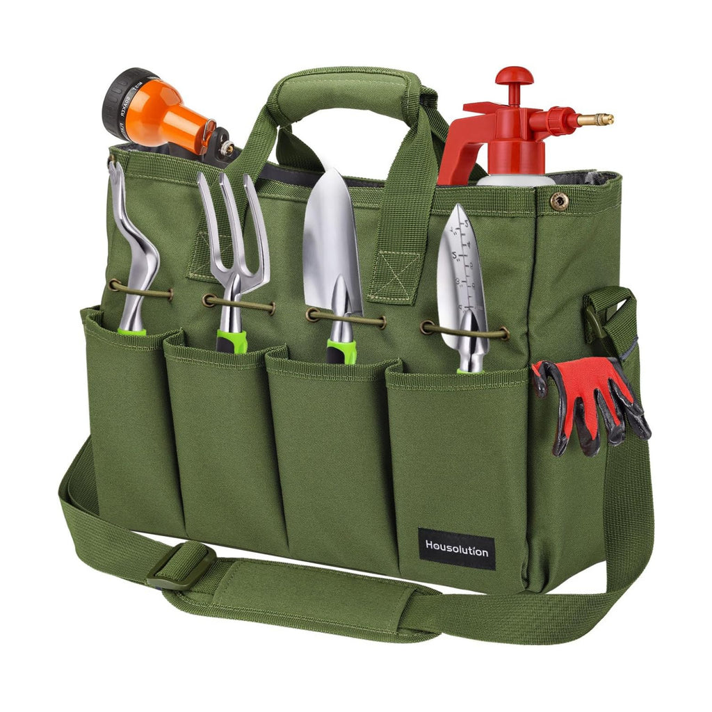 Housolution 14Inch Garden Tote Bag, 900D Standable, Dark green | Garden Tote Storage Bag with Pockets&Long Adjustable