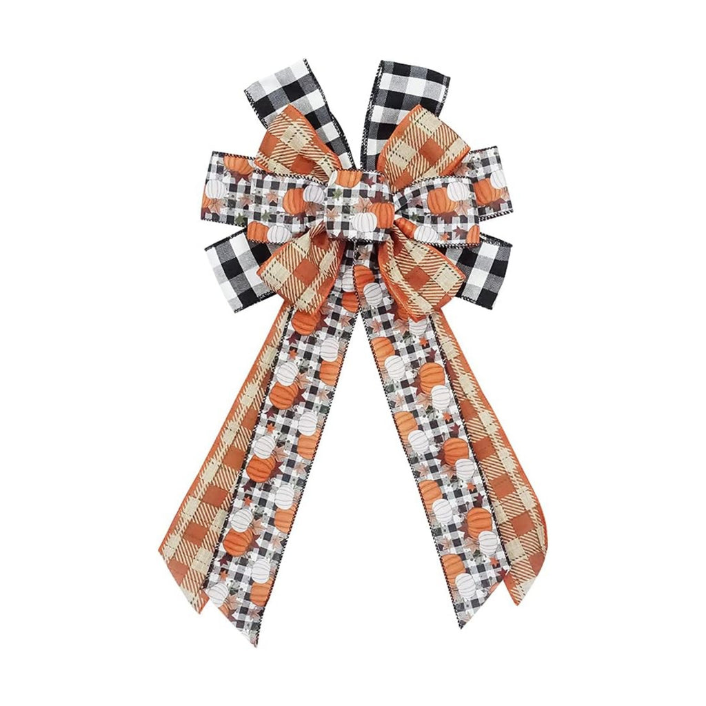 Large Fall Bows for Wreath, Thanksgiving Pumpkins Wreath Bow Orange Buffalo Plaid Burlap Bows Autumn Tree Topper Bow for Front Door Thanksgiving Party Decoration Supplies